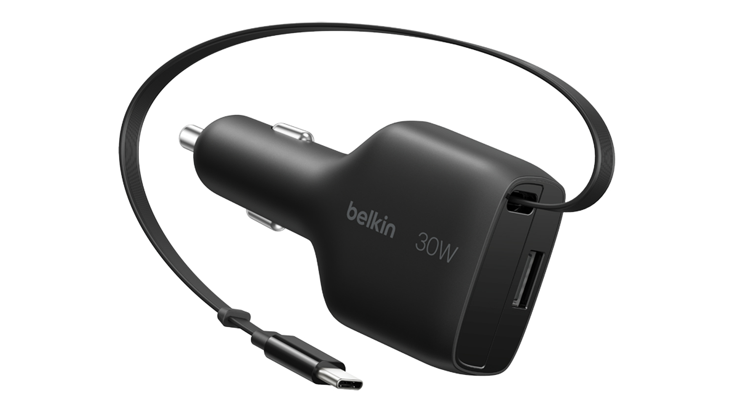 Belkin BoostCharge 30W USB-A & Retractable USB-C Car Charger in a sleek black colour