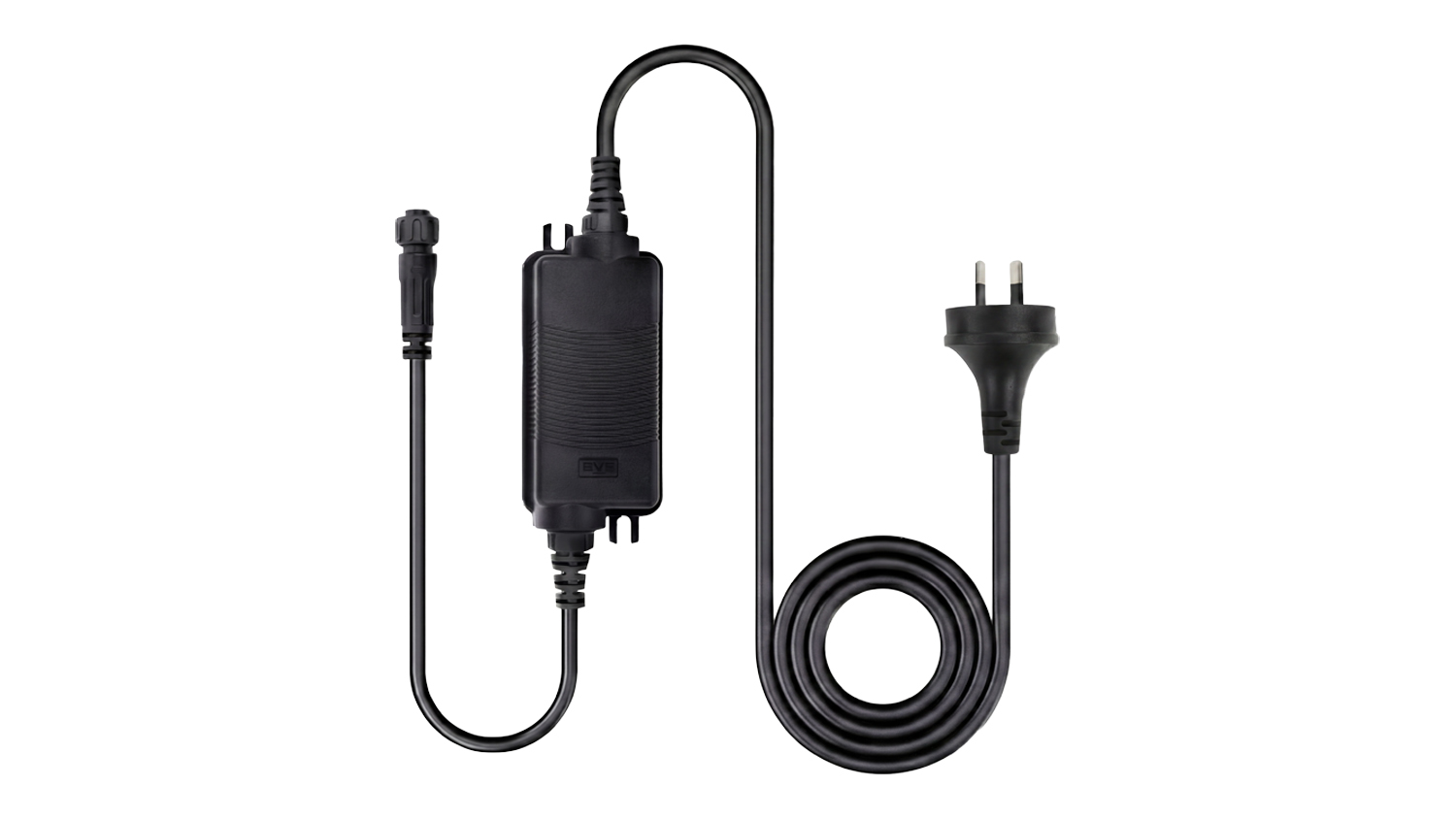 Black power adapter cord featuring a standard two-pin wall plug and a secure twist-lock waterproof connector end