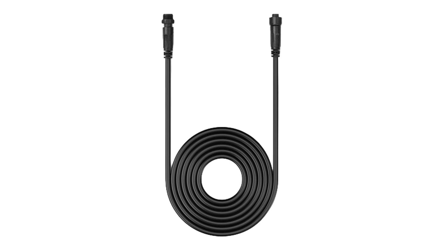 Black power adapter cord featuring a standard two-pin wall plug and a secure twist-lock waterproof connector end