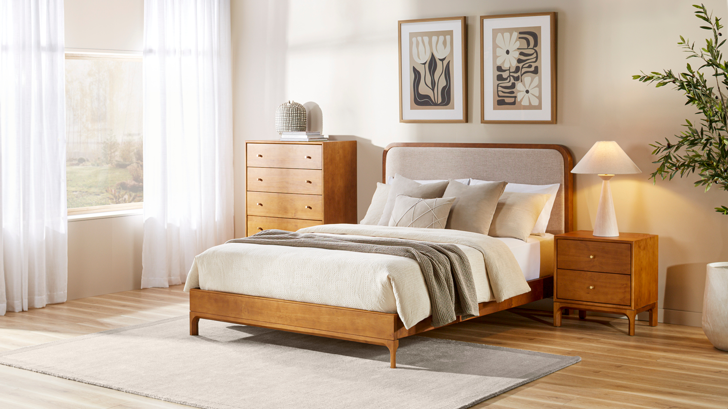 Mid-century bedroom furniture set with wooden bed frame, two-drawer bedside table and tall chest of drawers