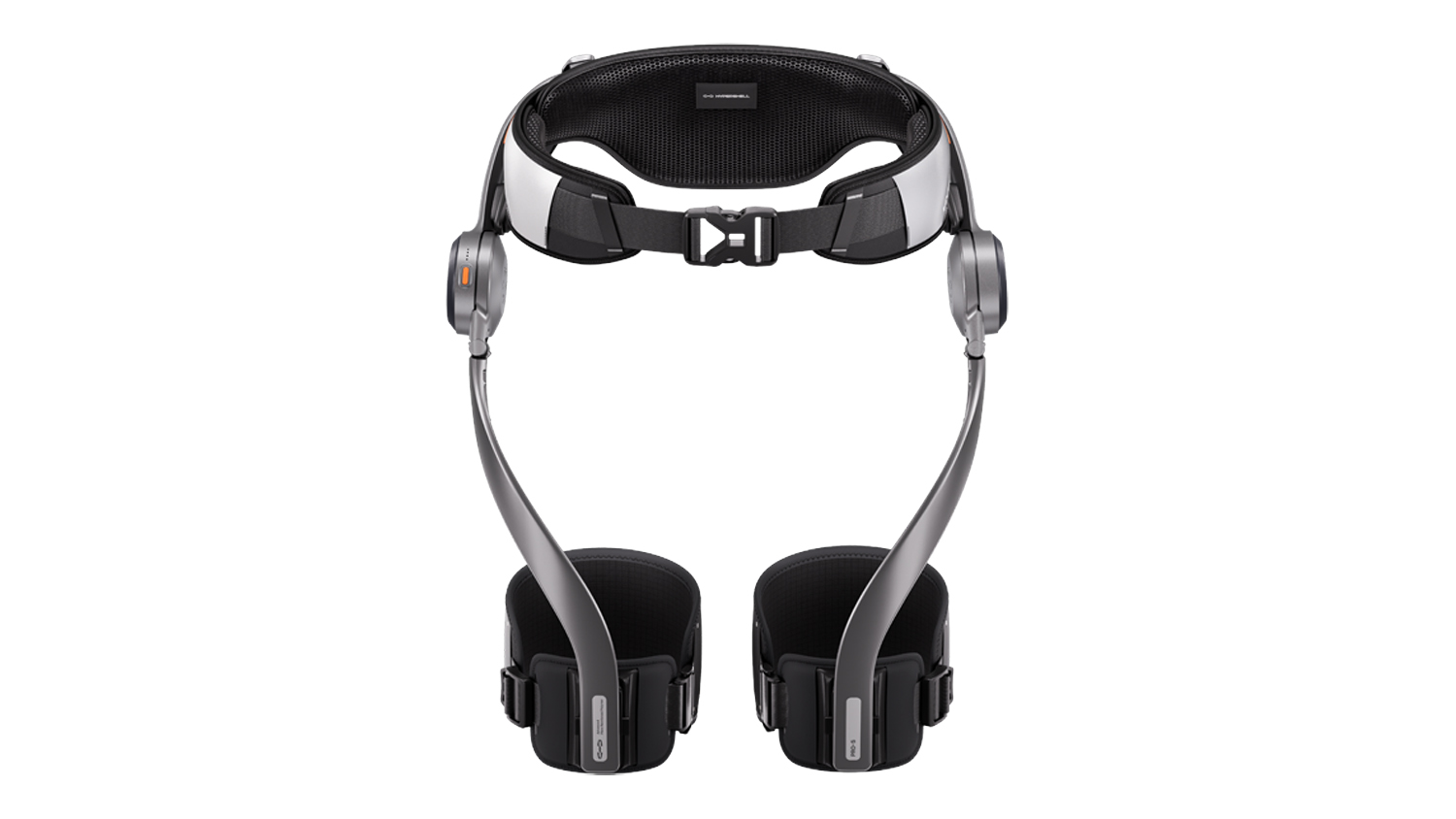Front view of the Hypershell X Pro S exoskeleton in black, showing the waist-mounted unit