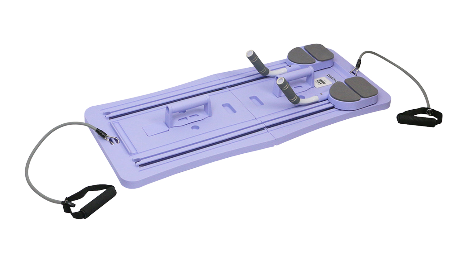 Purple multi-functional fitness board featuring handles, elbow pads, and attached resistance band exercise cords