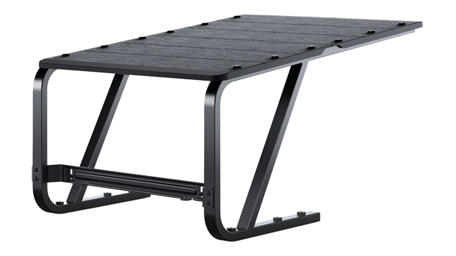 An angled view of an Ecovacs outdoor garage shelter with a black metal frame and roof