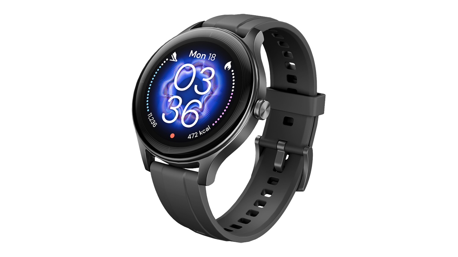 Angled front view of the Ryze Flex (Gen 2) SmartWatch featuring a black case and black silicone band