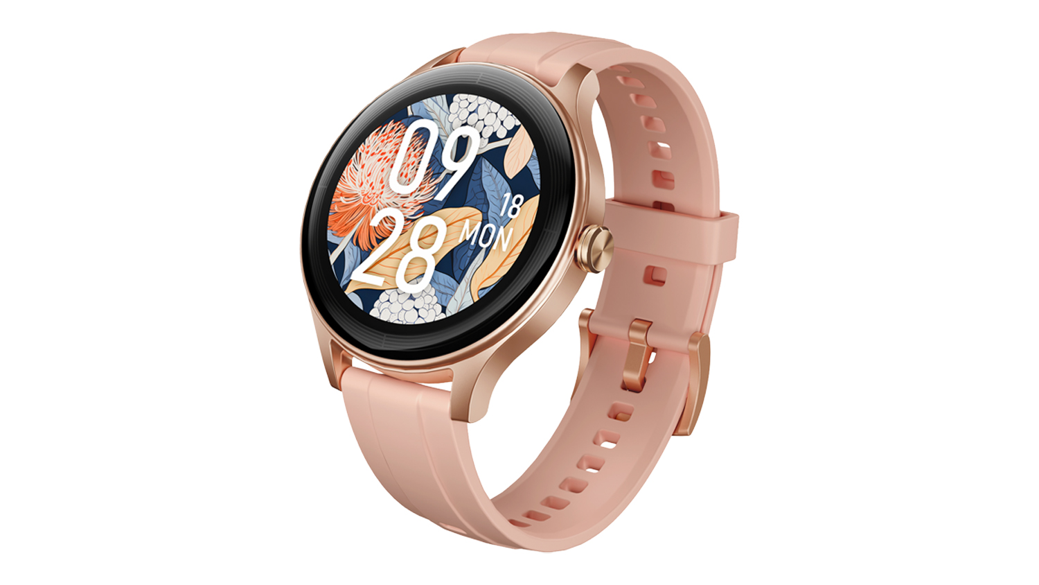 Angled front view of the Ryze Flex (Gen 2) SmartWatch with a pink case and matching pink silicone band
