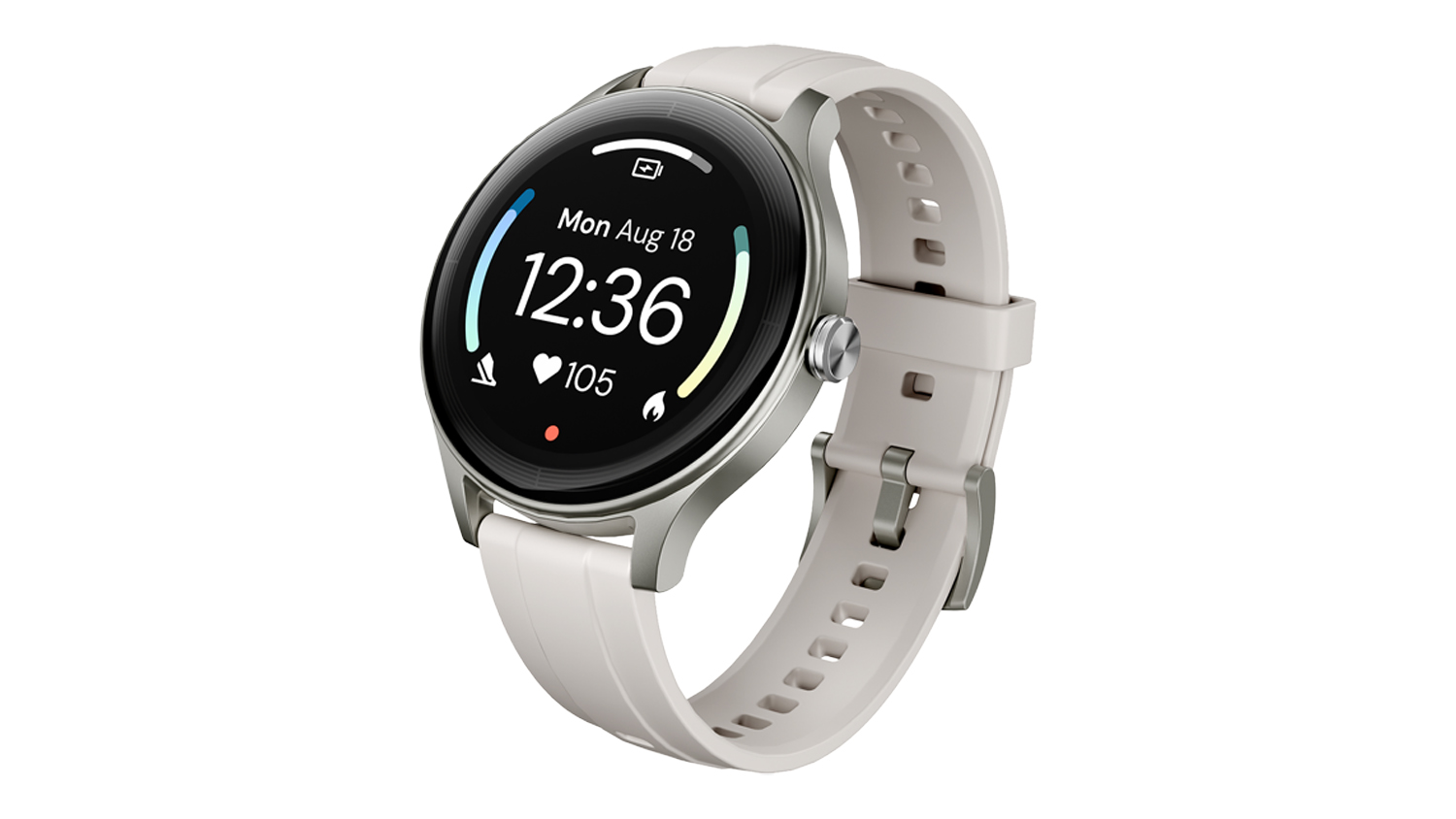 Angled front view of the Ryze Flex (Gen 2) SmartWatch with a grey case and grey silicone band
