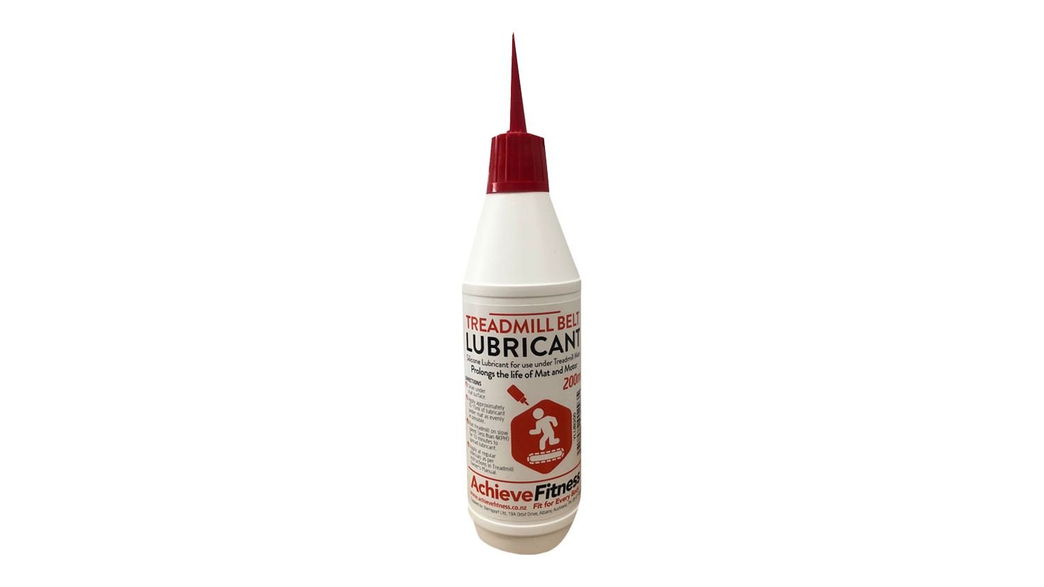 Achieve treadmill belt lubricant 200ml bottle with white body, and red precision nozzle cap