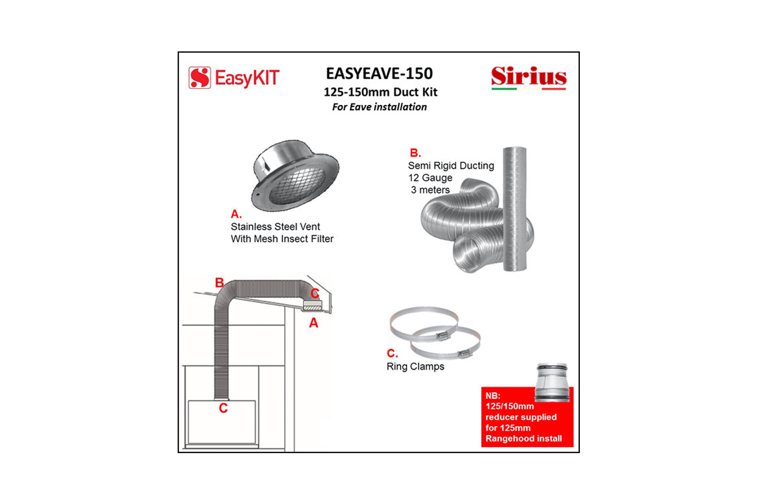 Sirius Rangehood Ducting Kit for Extraction through External Eave - 125 to 150mm (EASYEAVE-150)