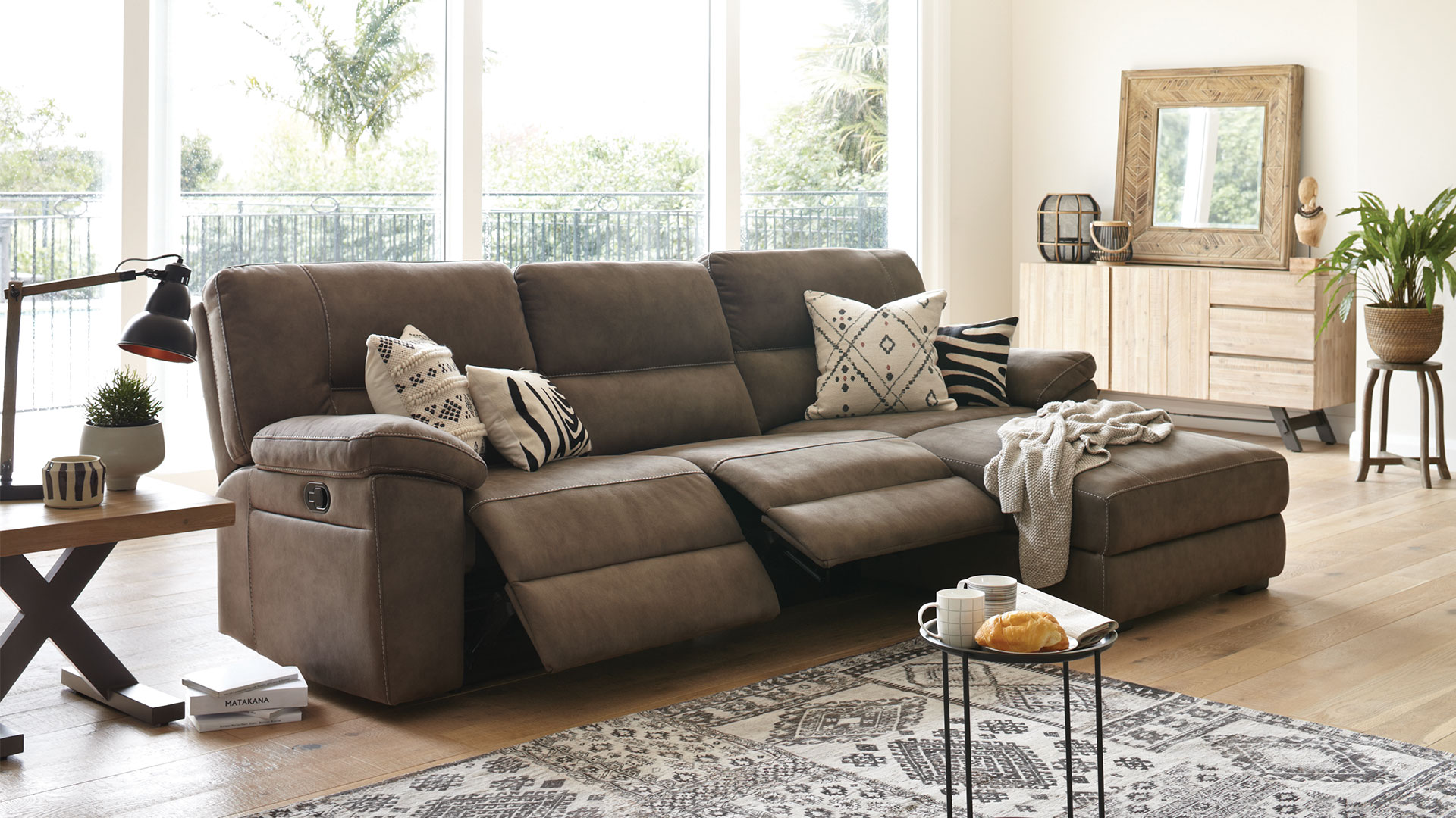 Jenson 3 Seater Fabric Recliner Sofa With Chaise By Synargy Harvey   Lifestyle Jenson 3 Seater With Chaise2 