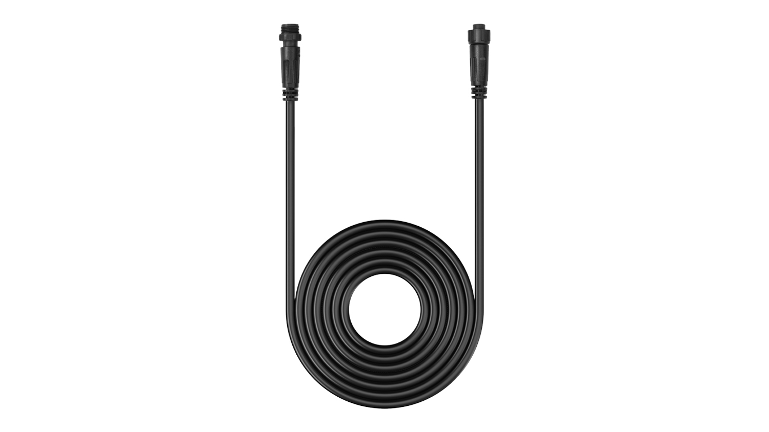 Black ECOVACS RTK Extension Cable 10m for GOAT O600 Robotic Lawnmower with threaded connectors, coiled front view, compatible with robotic lawn mower RTK systems