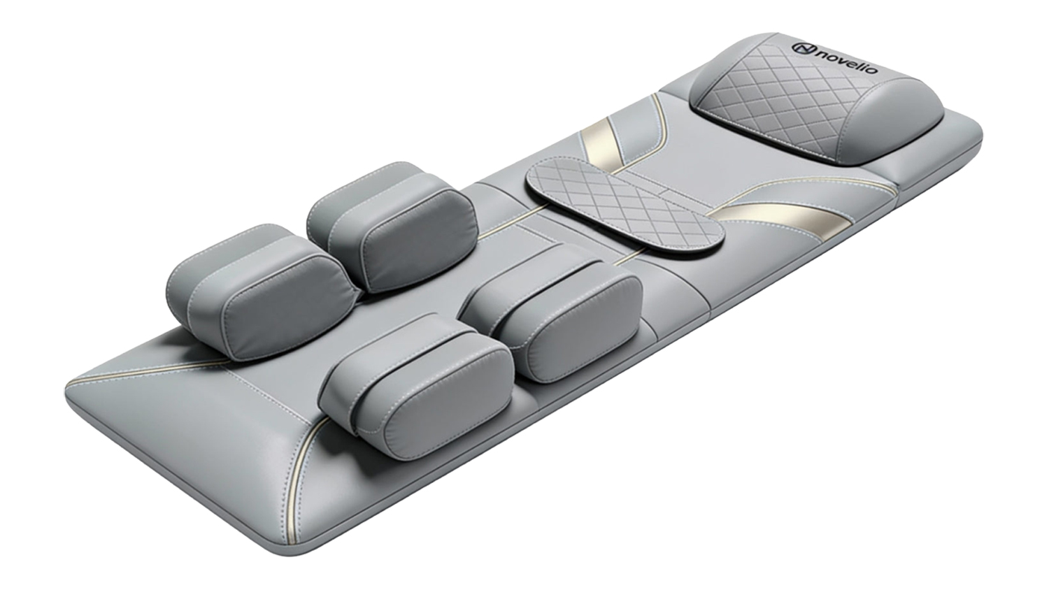 Full-length view massage mat featuring integrated neck pillow, waist support, and four leg compression cushions