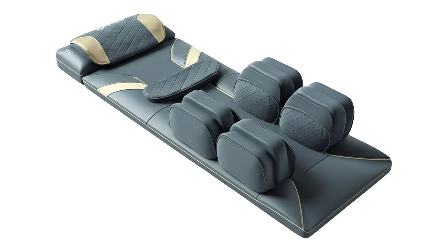 Full-length view massage mat featuring integrated neck pillow, waist support, and four leg compression cushions