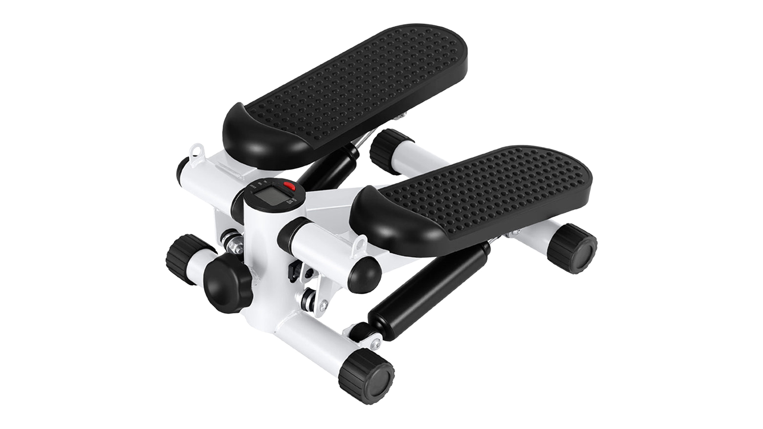 Front view of a black and white mini stepper with textured pedals, LCD, and hydraulic resistance cylinders