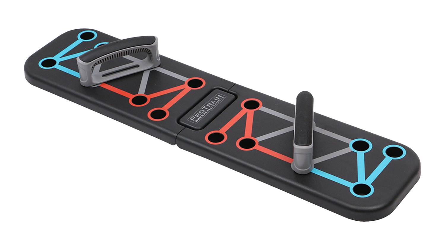 Black push-up board with colour-coded target lines and two removable ergonomic handles set into training slots