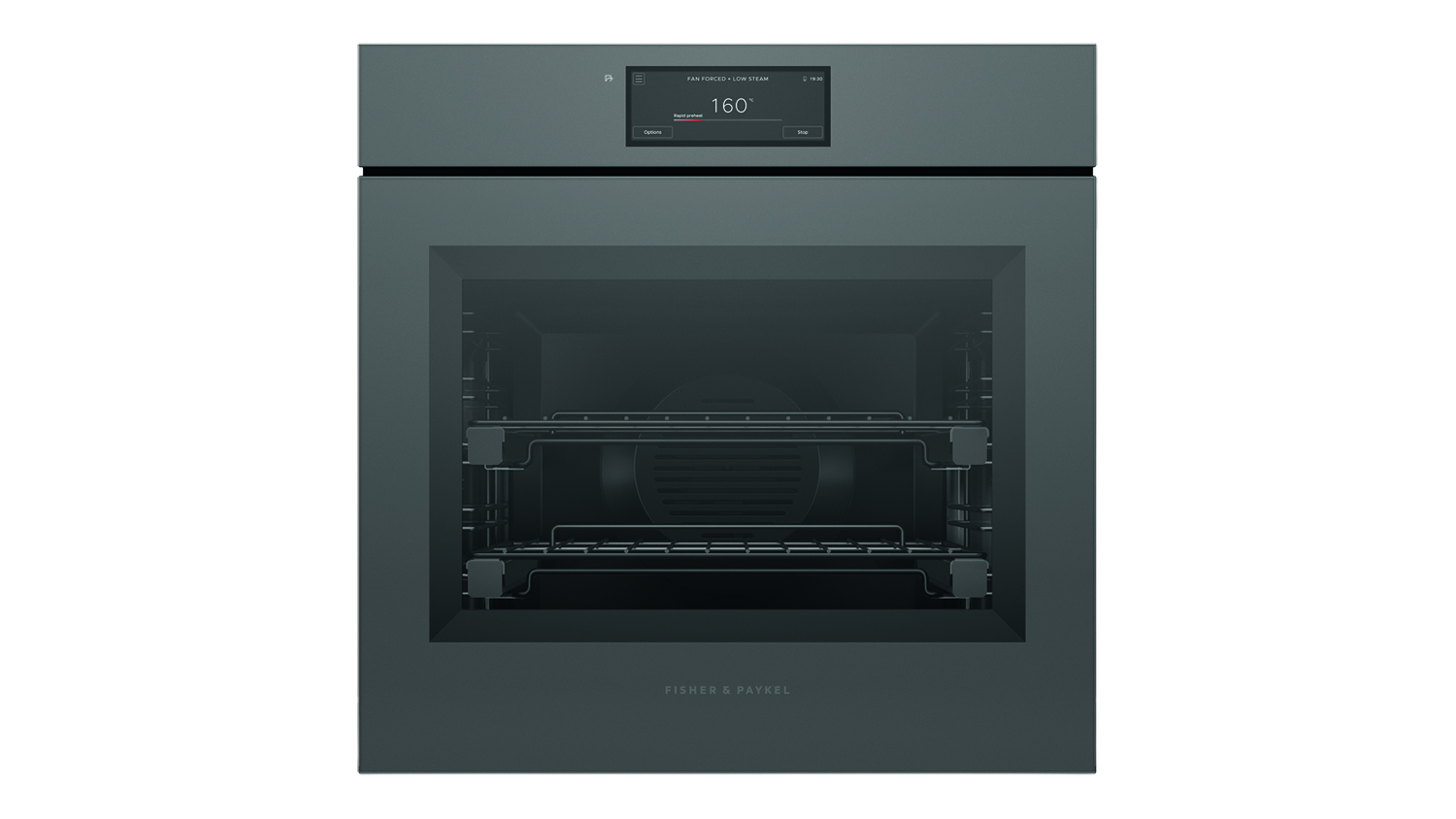 Fisher & Paykel minimalist grey built-in oven with a digital touchscreen display