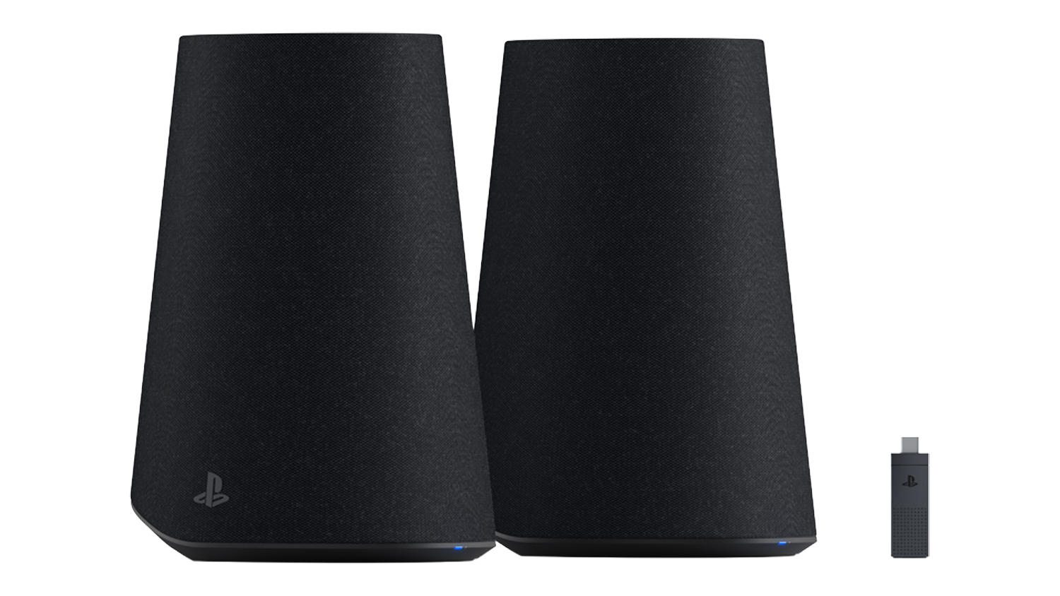 Black wireless gaming speakers with fabric mesh finish and USB transmitter