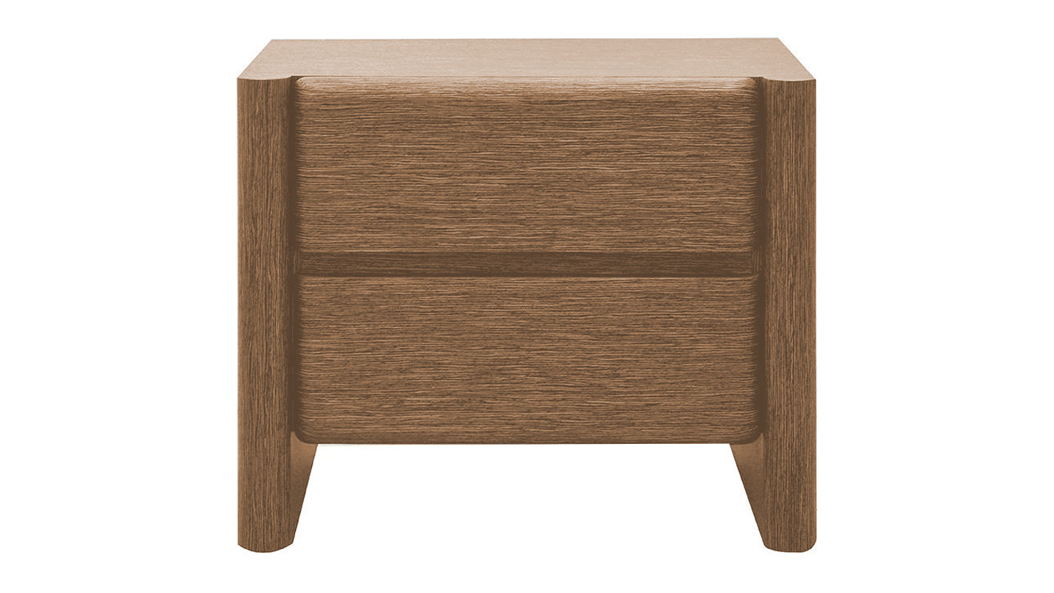 Gia 2 Drawer Bedside Table in a white oak finish, featuring a curved-frame design with rounded edges
