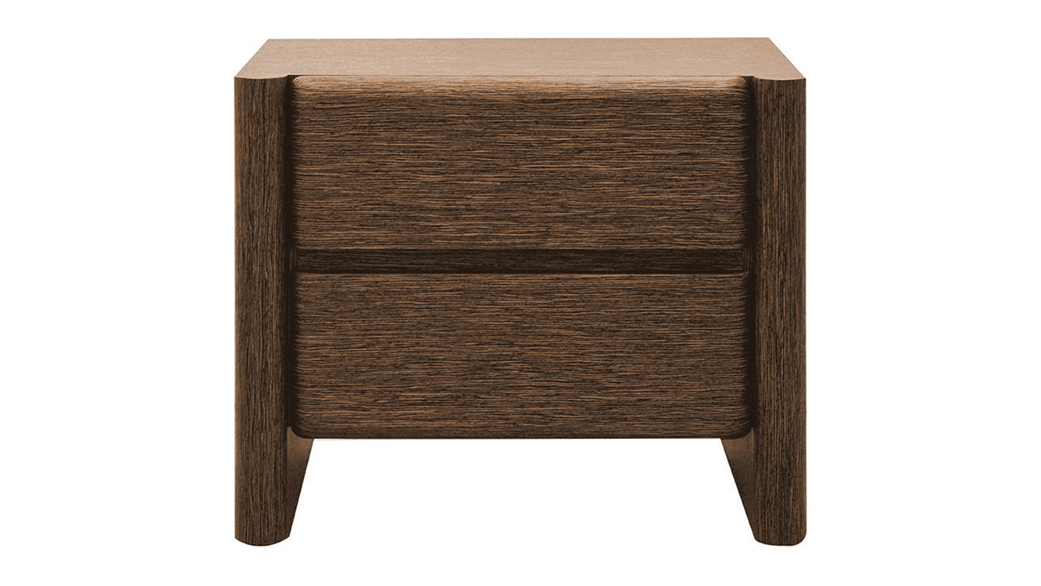 Gia 2 Drawer Bedside Table in a dark walnut finish, featuring a curved-frame design with rounded edges