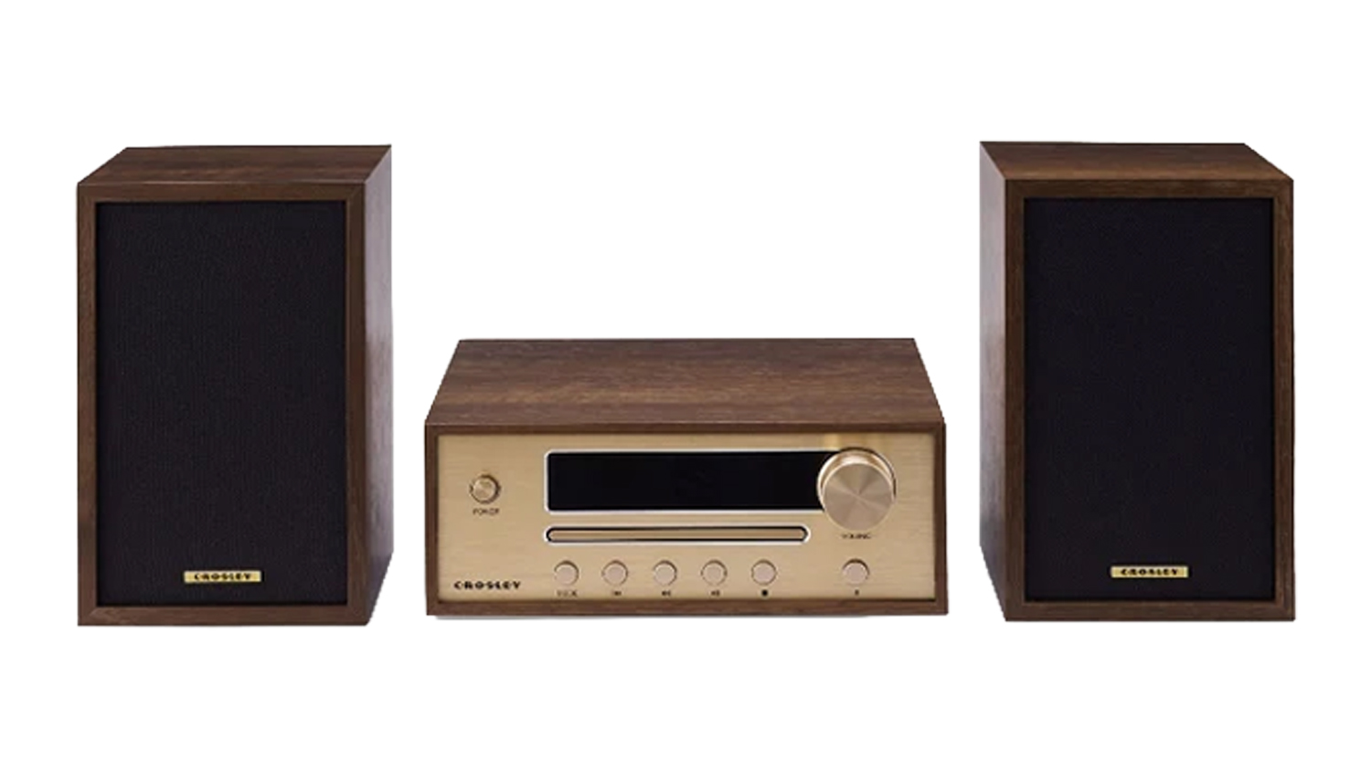 Walnut-effect stereo system with dual bookshelf speakers, gold-tone control unit