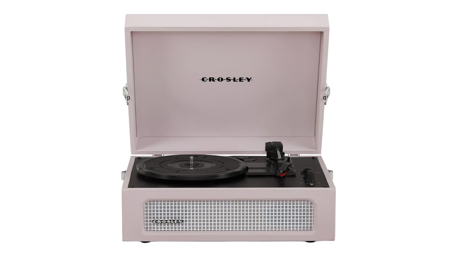 Pink portable turntable playing a blue vinyl record