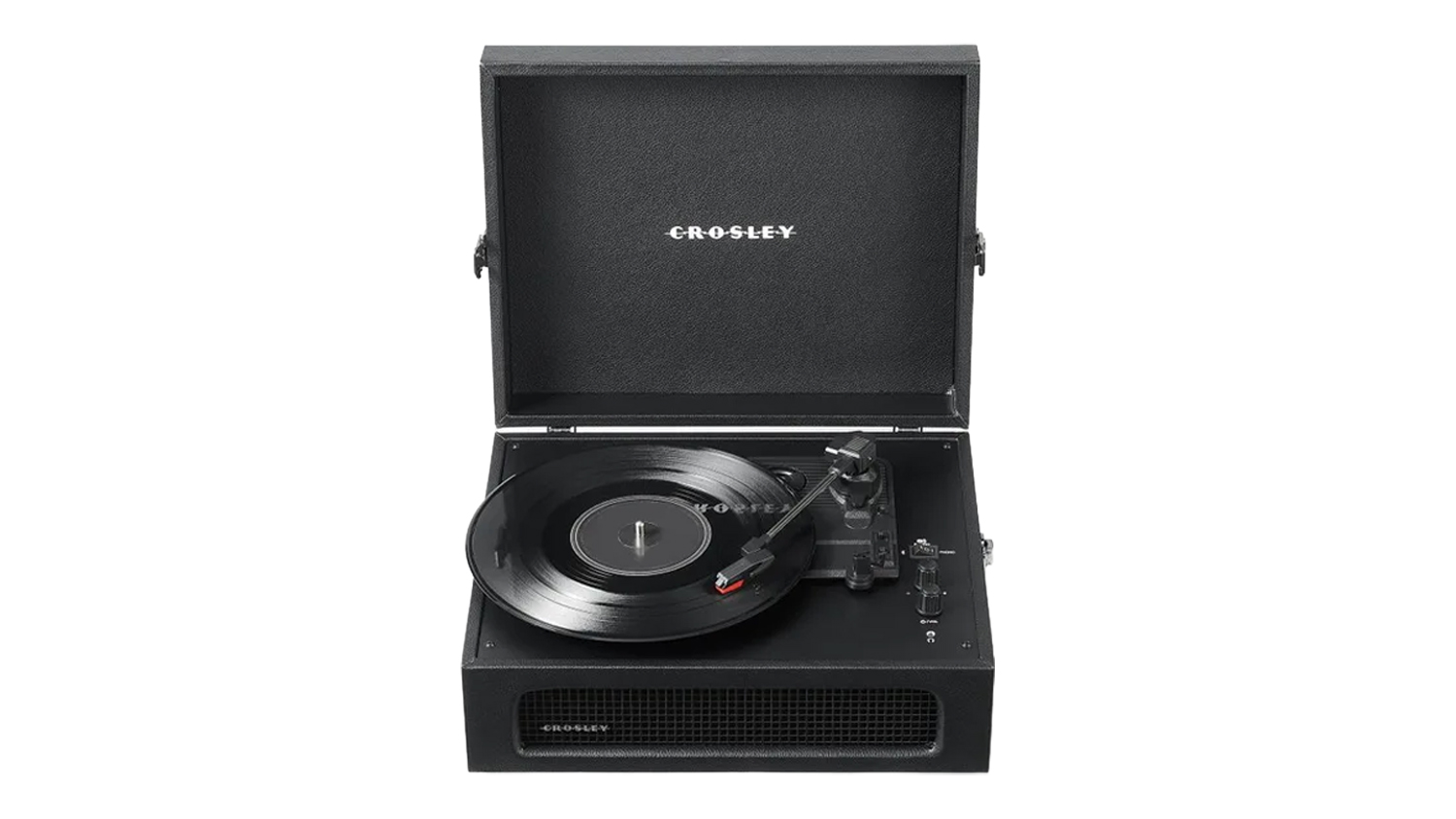 Black portable record player with open lid, built-in speaker grille and vinyl record