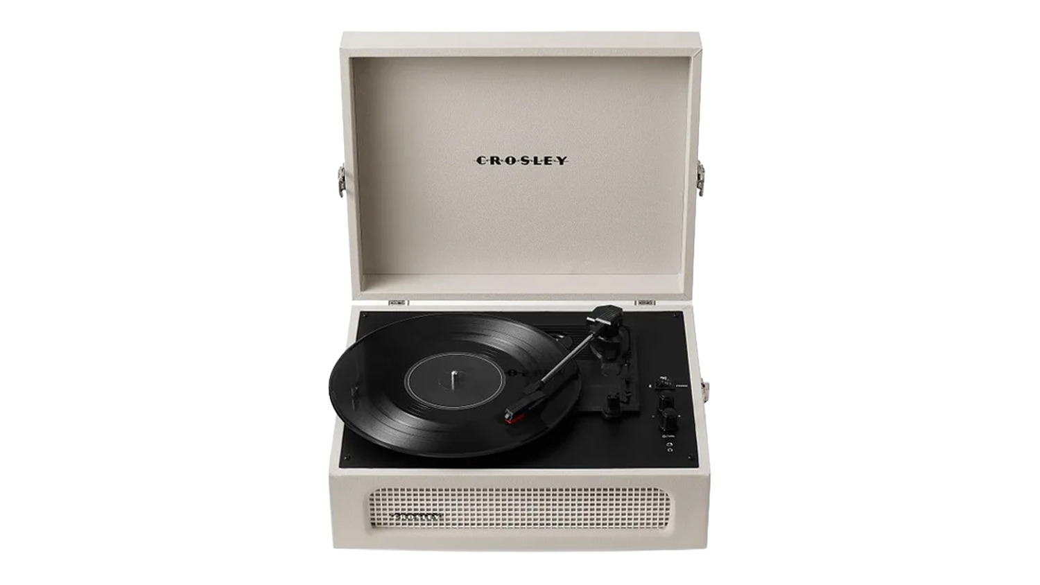 Cream portable record player with open lid, built-in speaker grille and vinyl record
