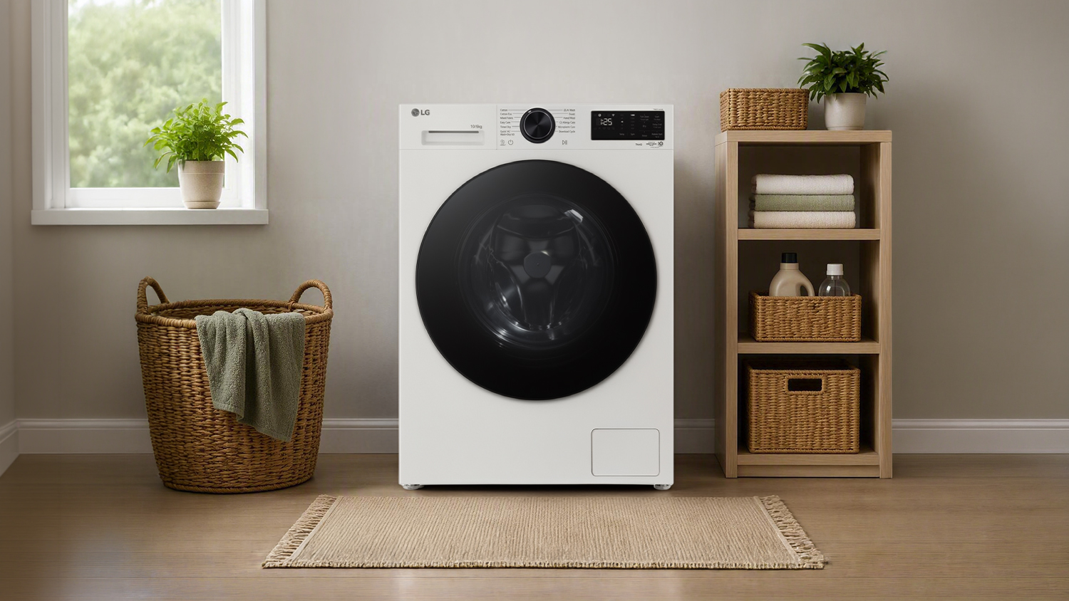 White LG front-load washing machine in a laundry room with black door and digital display