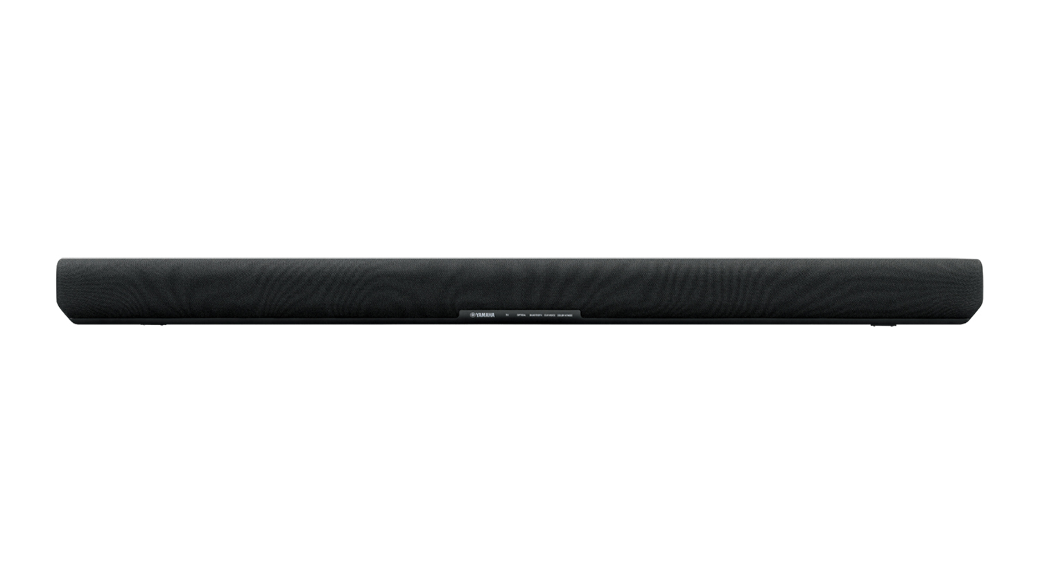 Black fabric soundbar with slim low-profile design and front control panel
