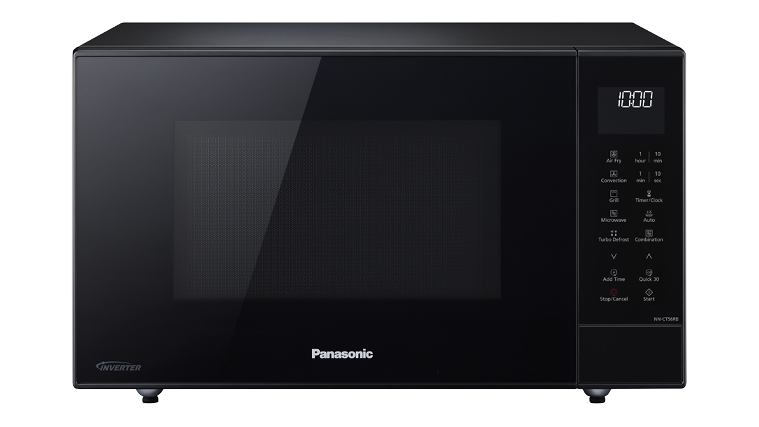 Front view of black Panasonic 4-in-1 Combi Inverter Microwave Oven with digital display control panel