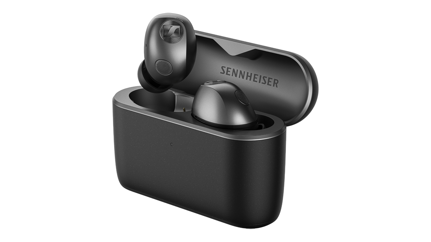 Angled front view of graphite Sennheiser true wireless earbuds with open charging case and one earbud lifted