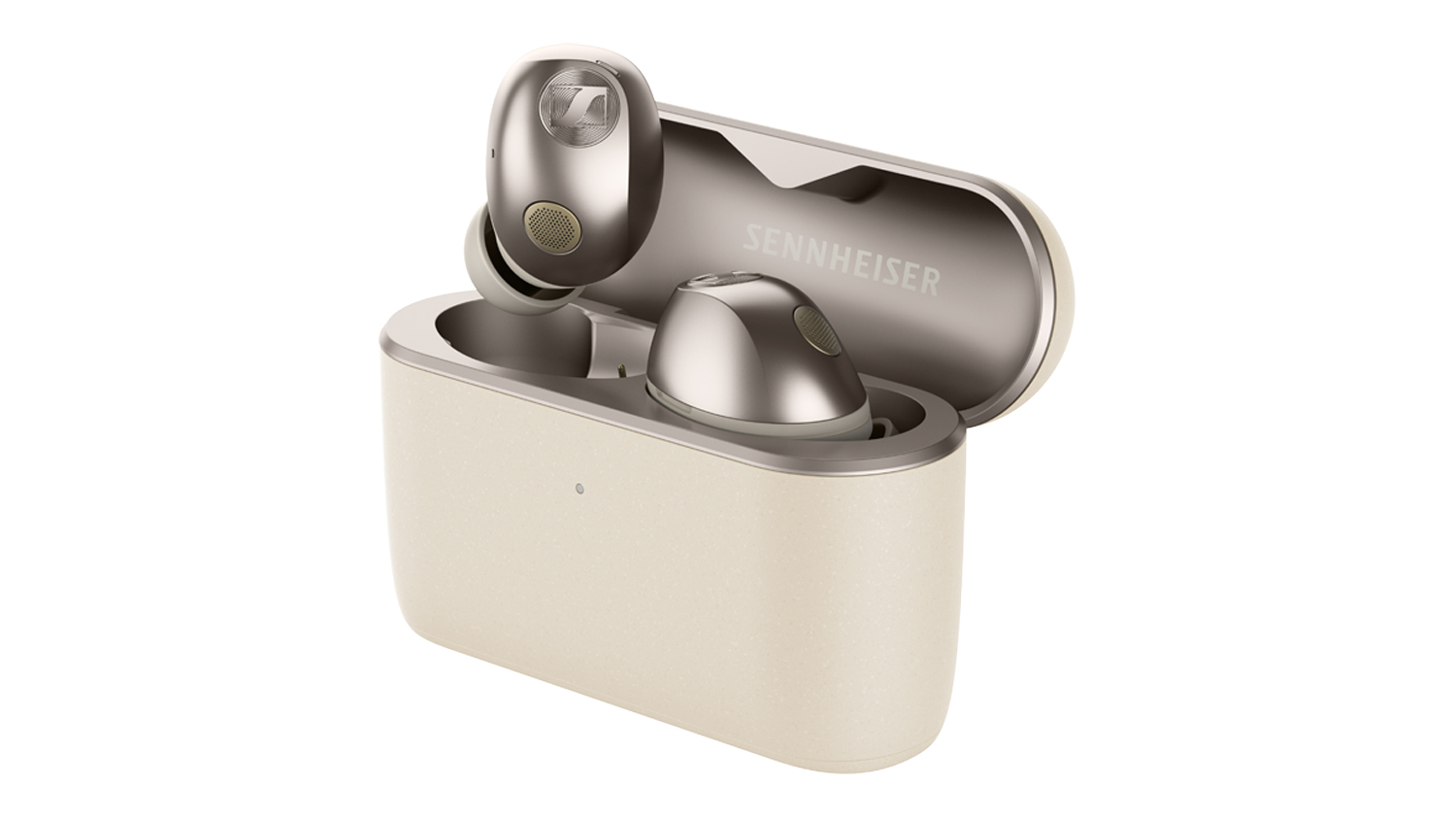 Front-angle view of the Sennheiser MOMENTUM 5 Hybrid Noise Cancelling True Wireless In-Ear Headphones in cream, showing one earbud raised above the open charging case