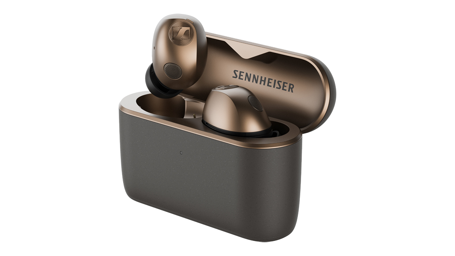 Angled front view of Sennheiser MOMENTUM 5 Hybrid Noise Cancelling True Wireless In-Ear Headphones in an open charging case with one earbud raised