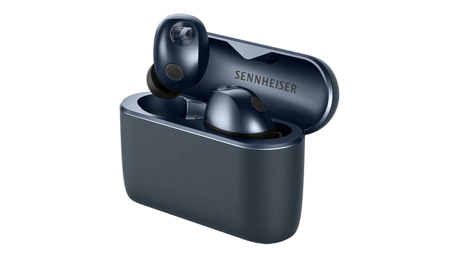 Angled front view of Denim Sennheiser MOMENTUM 5 Hybrid Noise Cancelling True Wireless In-Ear Headphones with open charging case