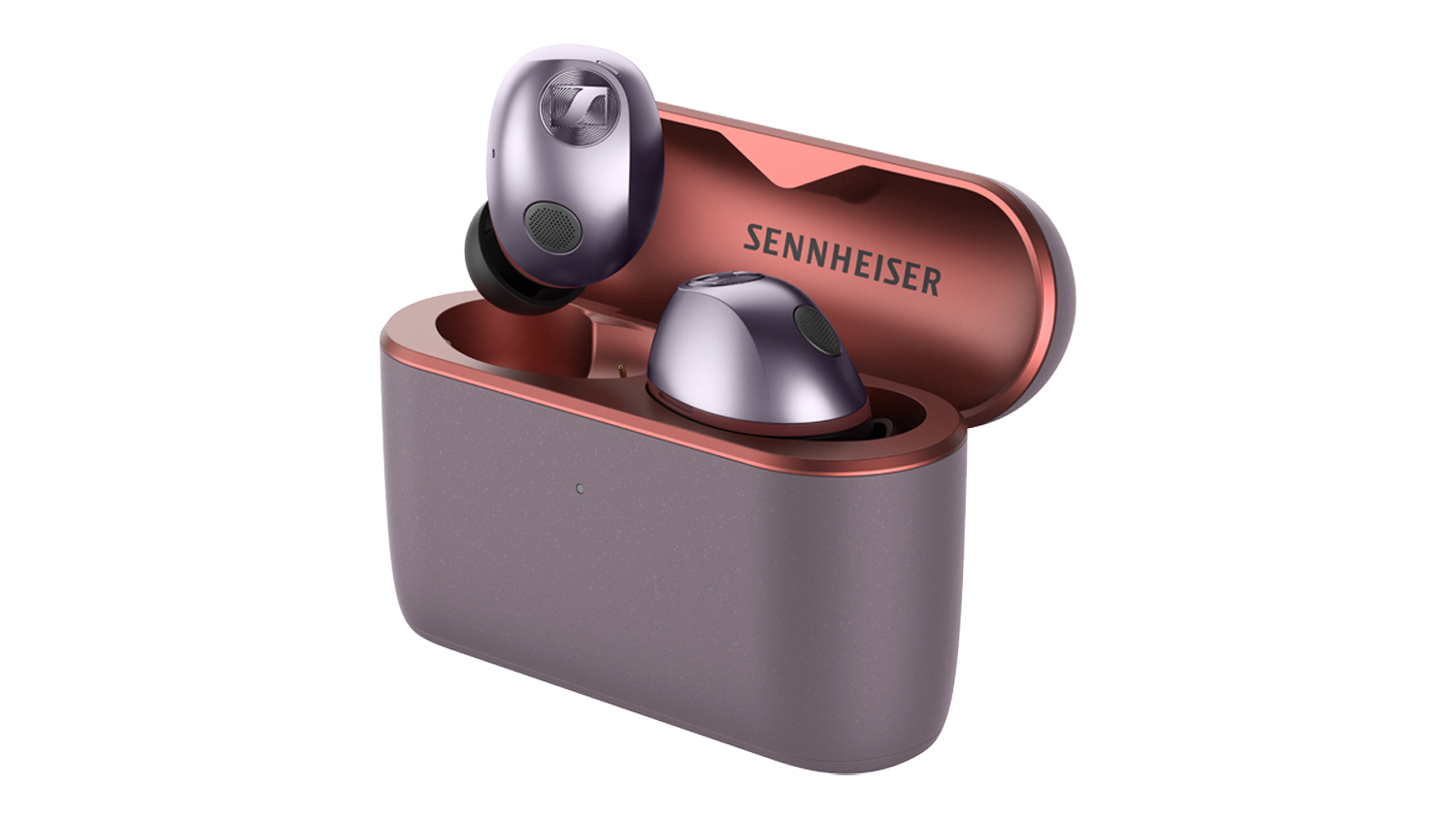 Sennheiser MOMENTUM 5 Hybrid Noise Cancelling True Wireless In-Ear Headphones in copper and lavender, with one earbud resting inside the open charging case