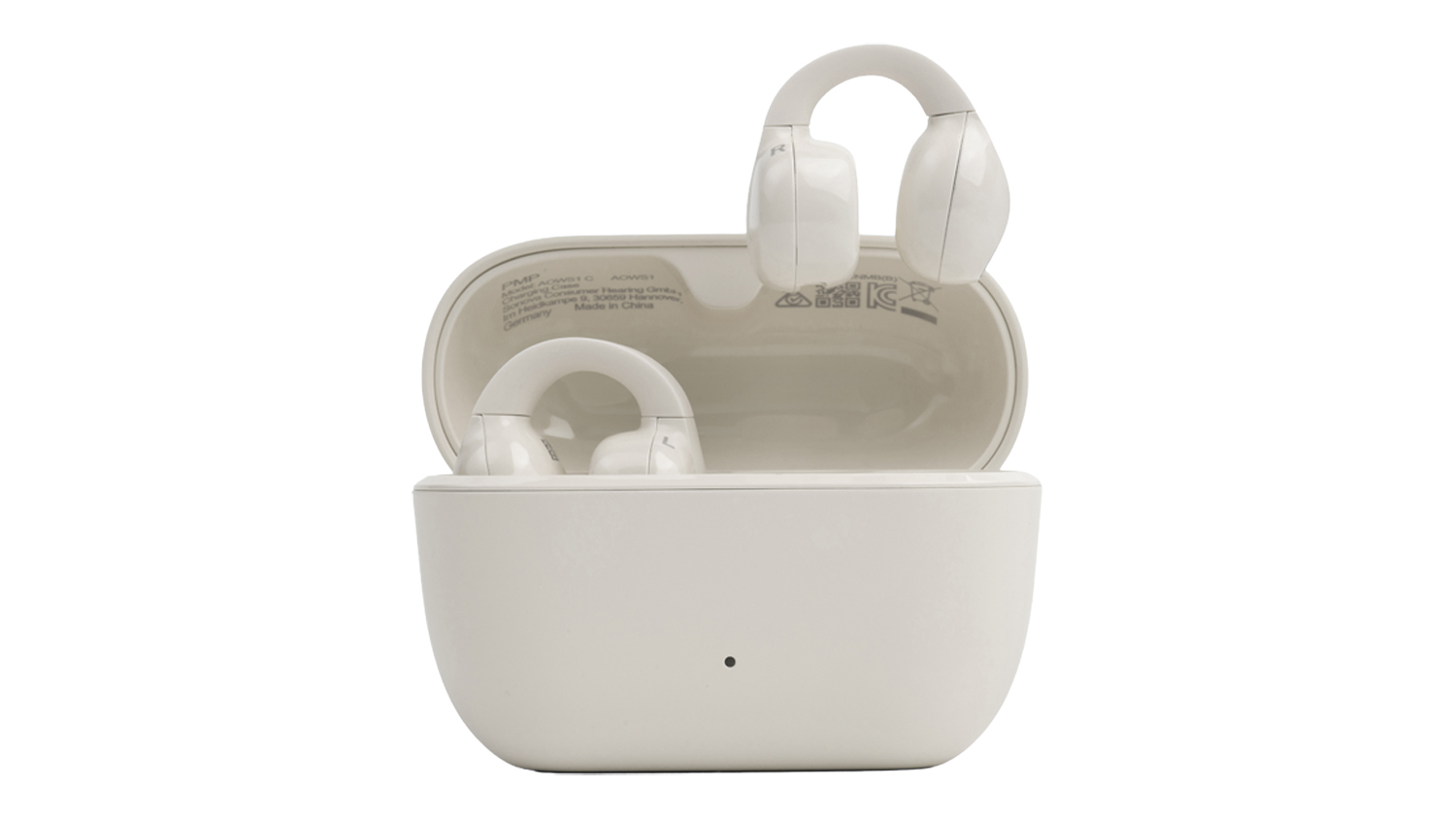 Front view of the cream Sennheiser ACCENTUM Clip True Wireless Open-Ear Headphones inside a matching cream charging case