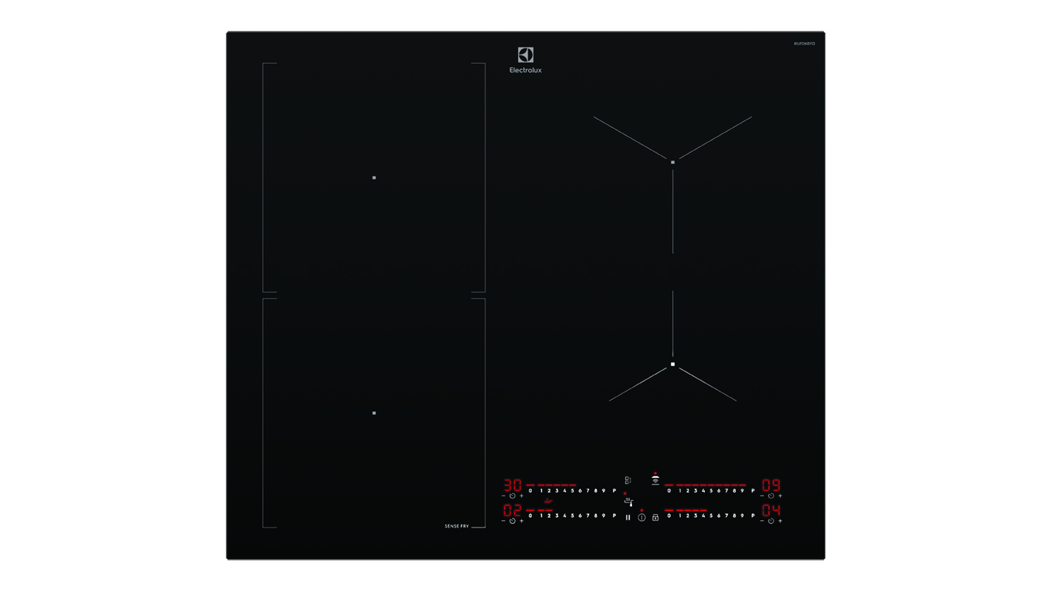 Top view of the black Electrolux 700 Series 60cm 4 Zone Induction Cooktop with four cooking zones and red LED touch controls