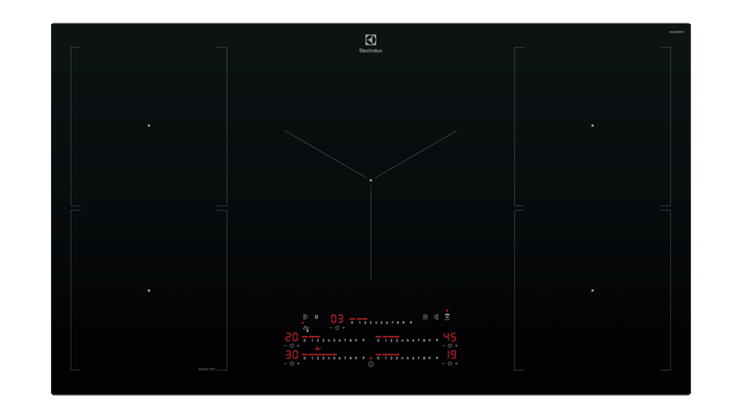 Electrolux 700 Series 90cm 5 Zone Induction Cooktop featuring a multi-zone black glass cooktop surface with red digital control panel indicators