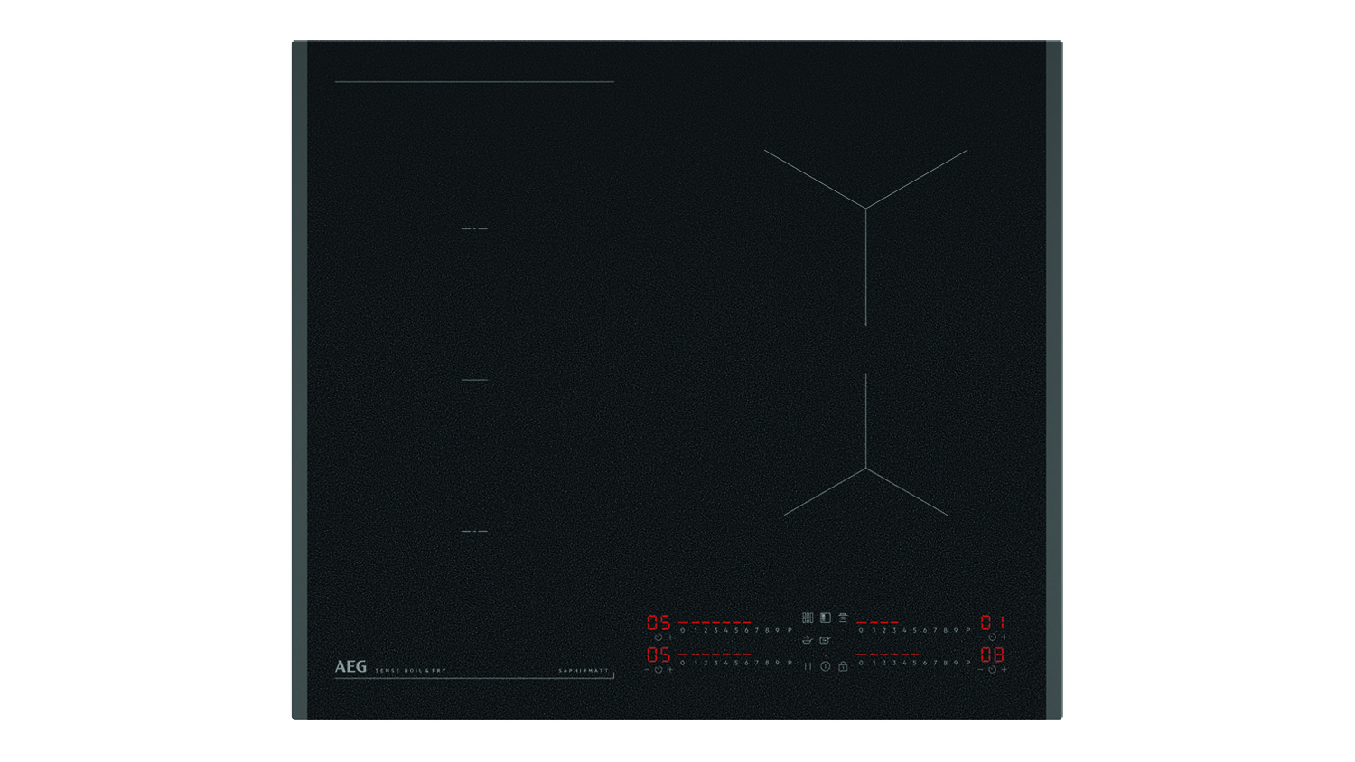 Matte black square AEG 8000 Series 60cm 4 Zone Induction Cooktop with red digital touch controls and minimalist cross-shaped cooking zone markings