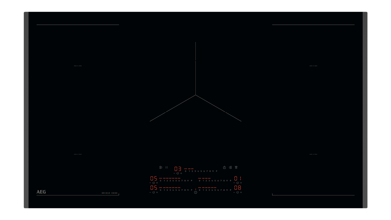 Top view of AEG 6000 Series 90cm 5-Zone Induction Cooktop with bridge zone and touch controls