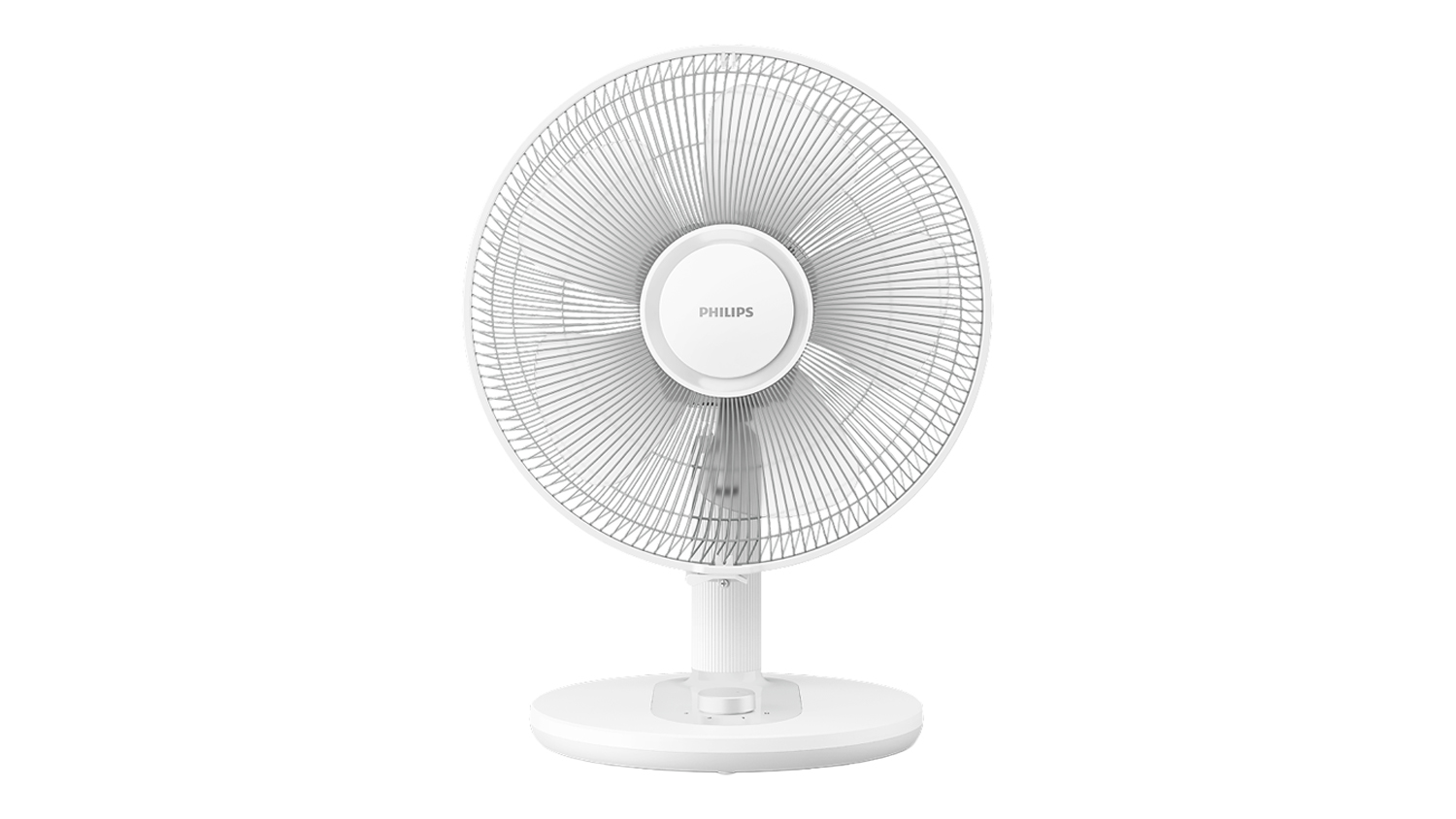 Front view of the Philips 1000 Series 48cm Desk Fan with a round mesh grille, three blades, and a circular control base