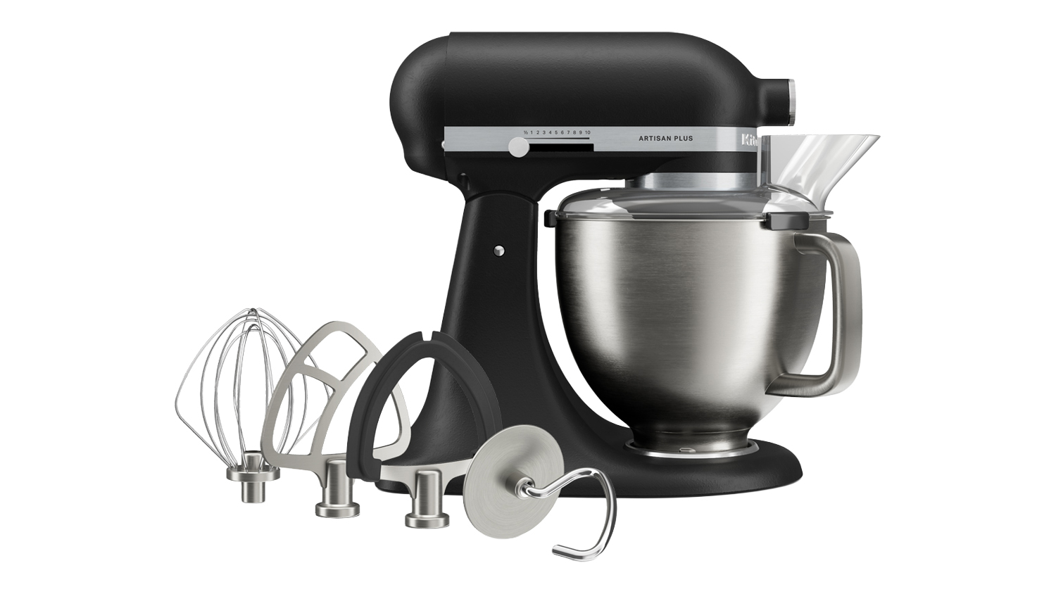 Front view of the matte black KitchenAid KSM50 Artisan Plus Tilt-Head 4.7L Stand Mixer with a stainless steel bowl and included whisk, paddle, and dough hook