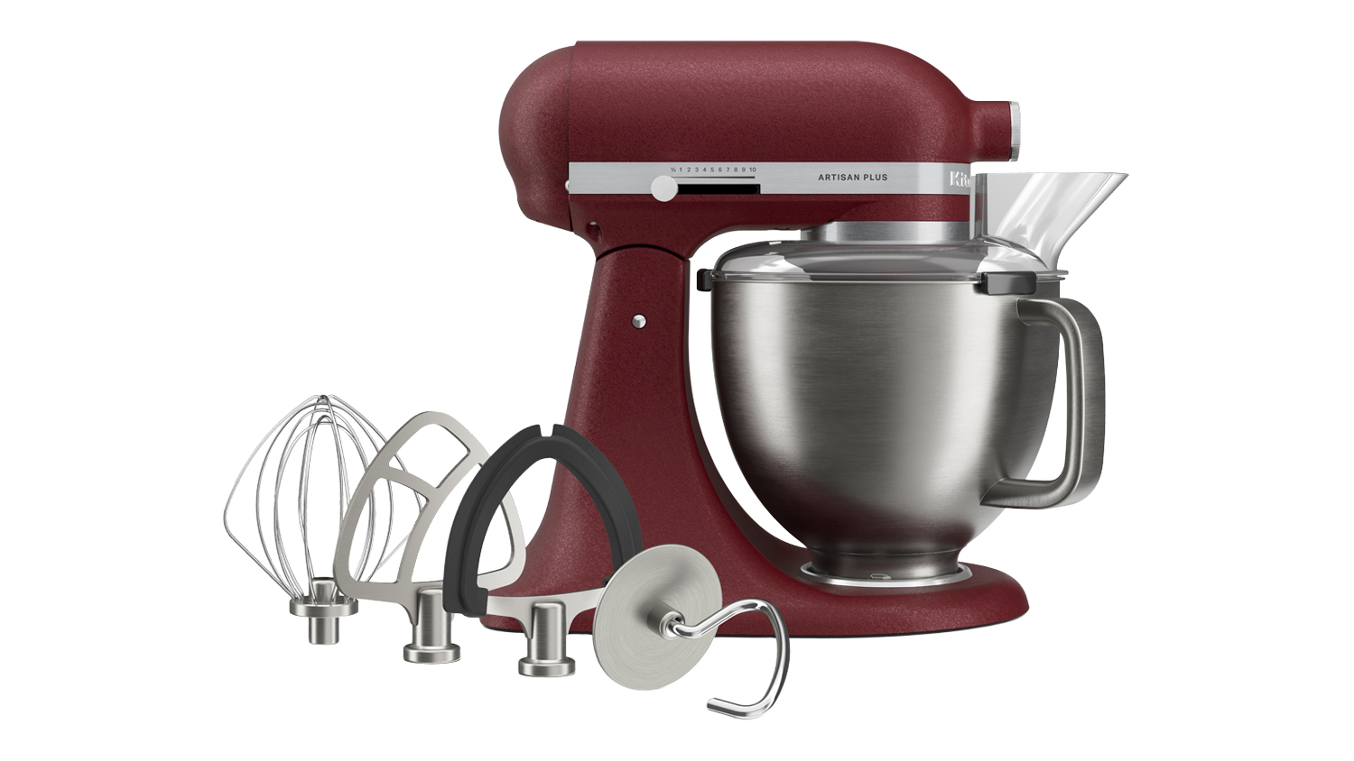 Front view of a KitchenAid KSM50 Artisan Plus Tilt-Head 4.7L Stand Mixer with a stainless steel bowl, splash guard, and mixing attachments