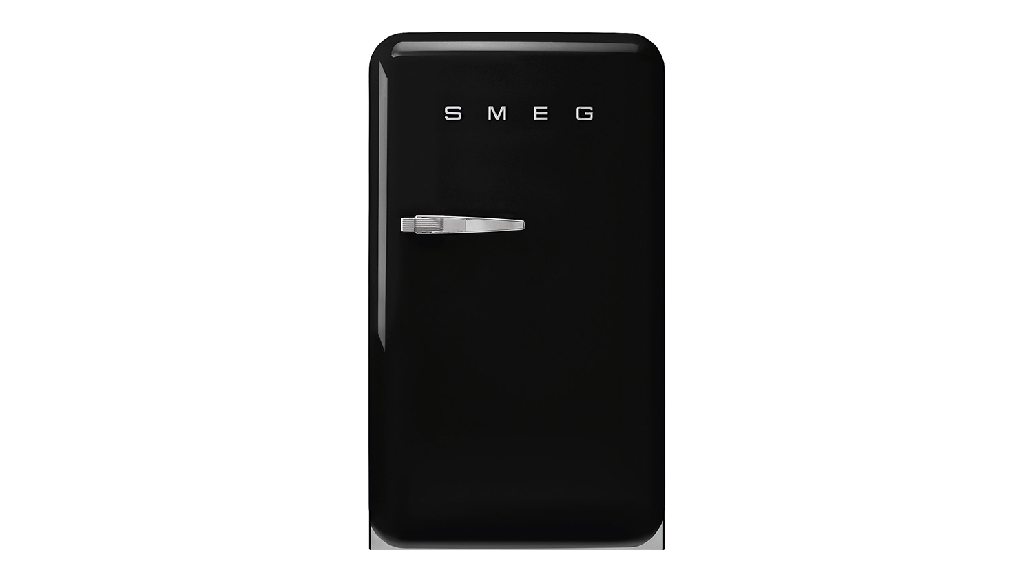 Front view of a black SMEG 50s Style 135L Bar Fridge, with a retro curved door and chrome handle