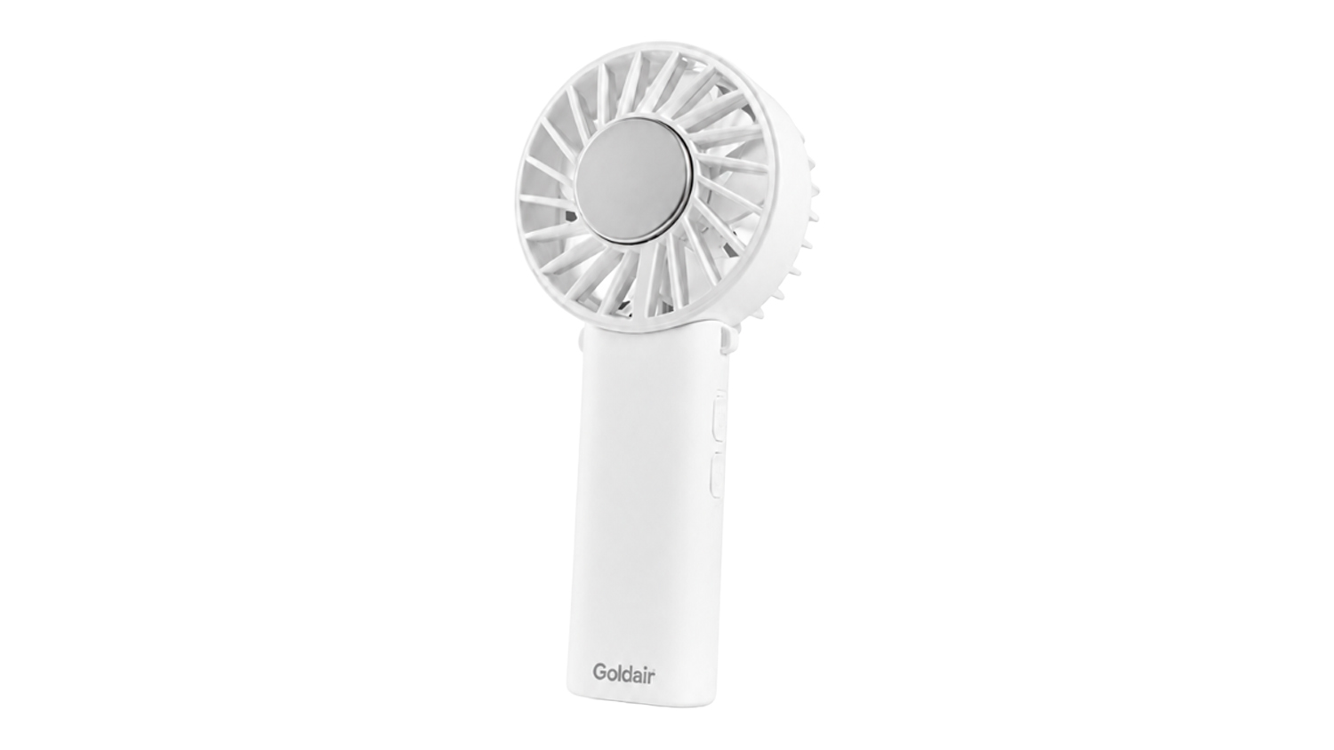 Front angled view of the White Goldair ElectroCool 8cm Foldable Cordless Hand Fan with circular grille and compact handle