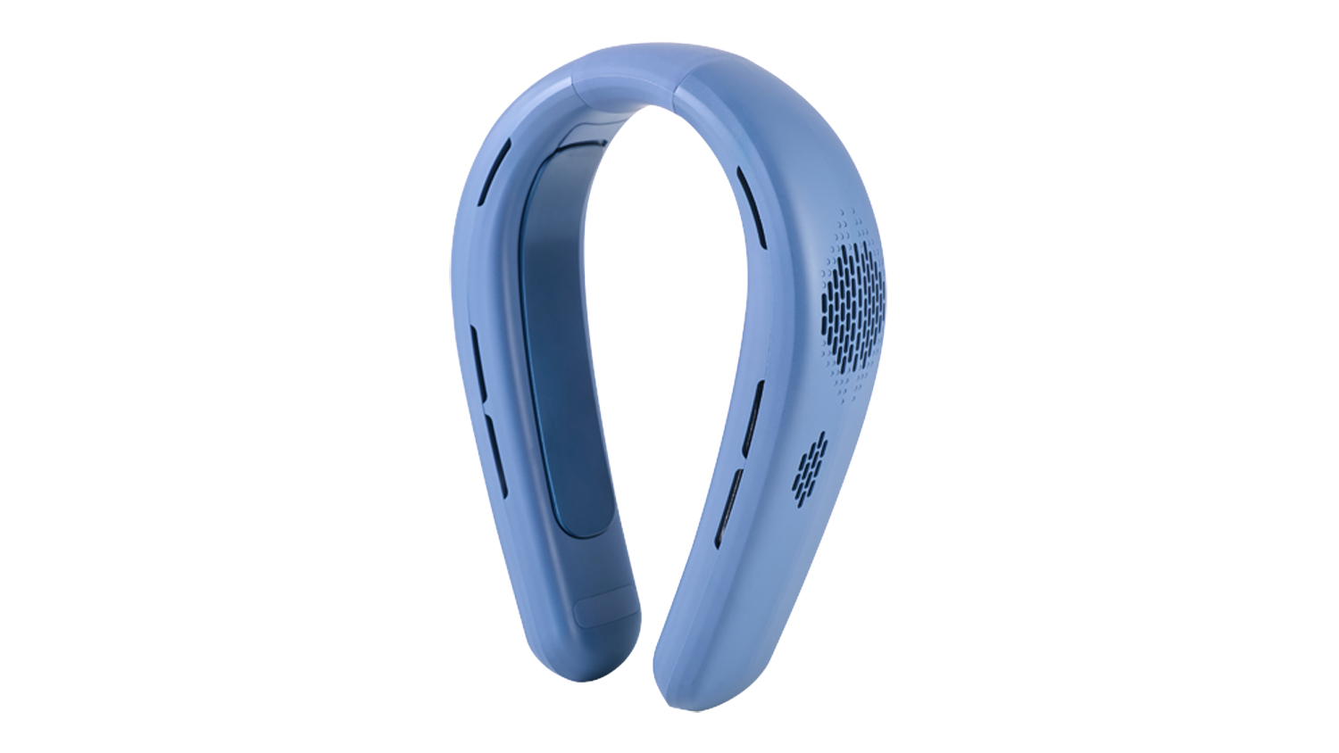 Front angle view of a dark blue Goldair ElectroCool 16.5cm Cordless Neck Fan with a curved U-shaped design and side ventilation grilles