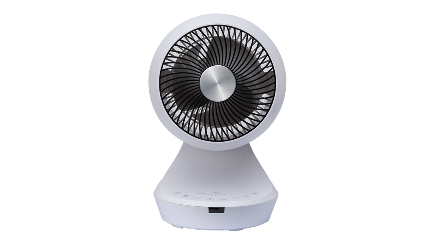 Front view of a white Goldair Platinum 20cm Desk Air Circulator Fan with black grille, silver centre hub, and touch control base