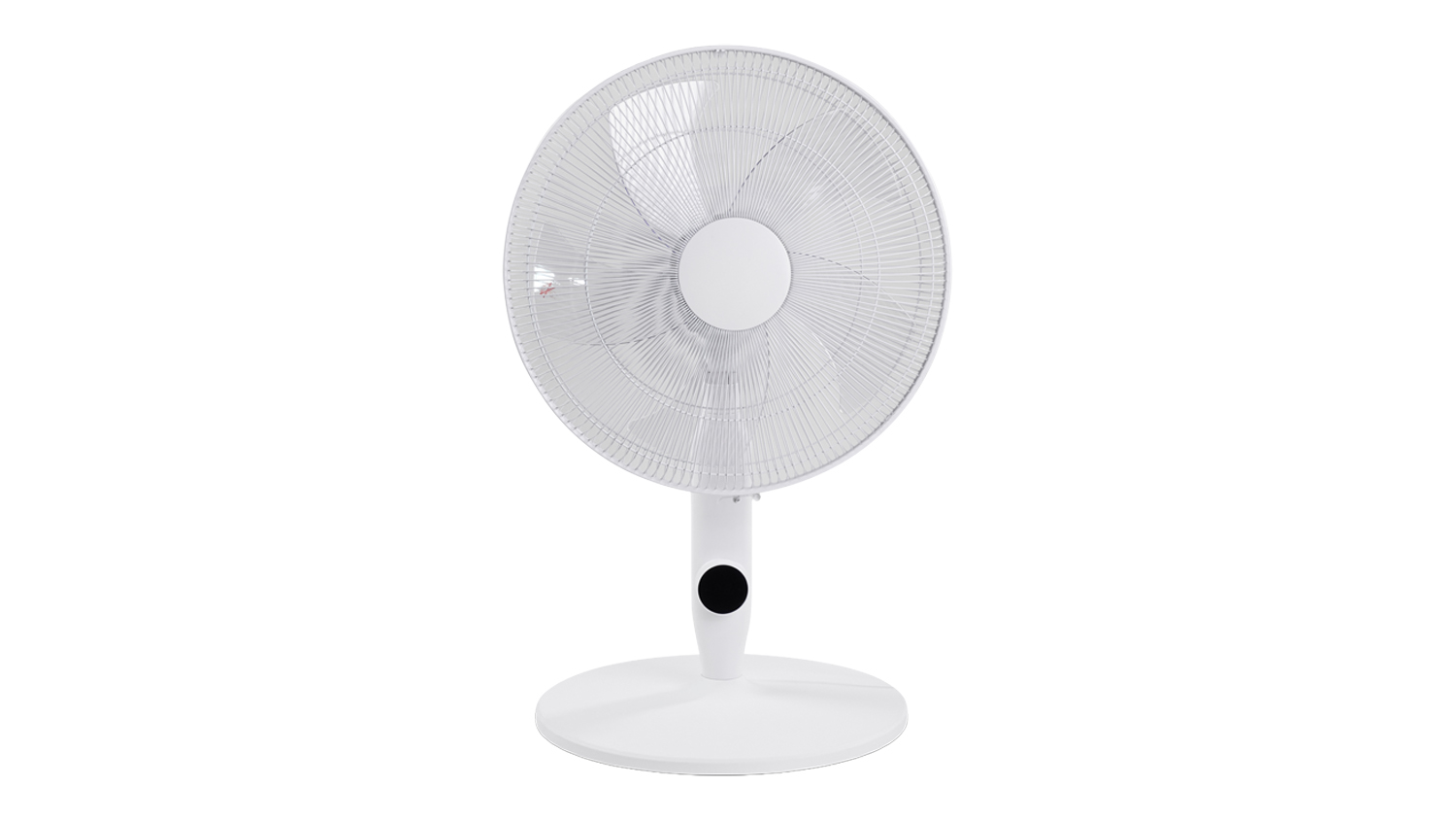 Front view of a white Goldair Platinum 35cm Whisper Quiet Desk Fan with circular mesh grille, three-blade design, and round base