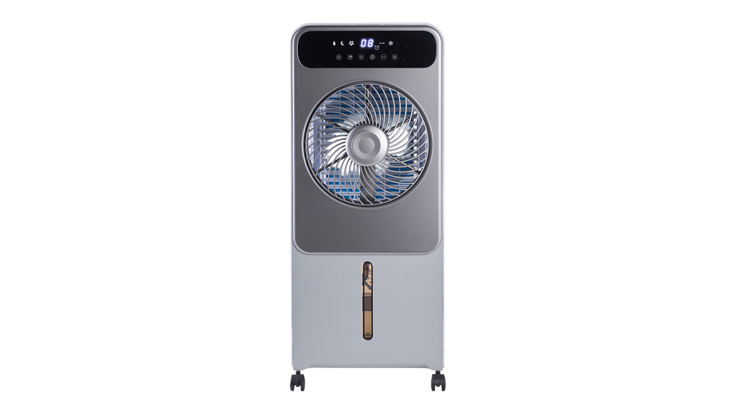 Front view of the dark grey Goldair Platinum 5L Evaporative Cooler with digital display, circular fan grille and caster wheels