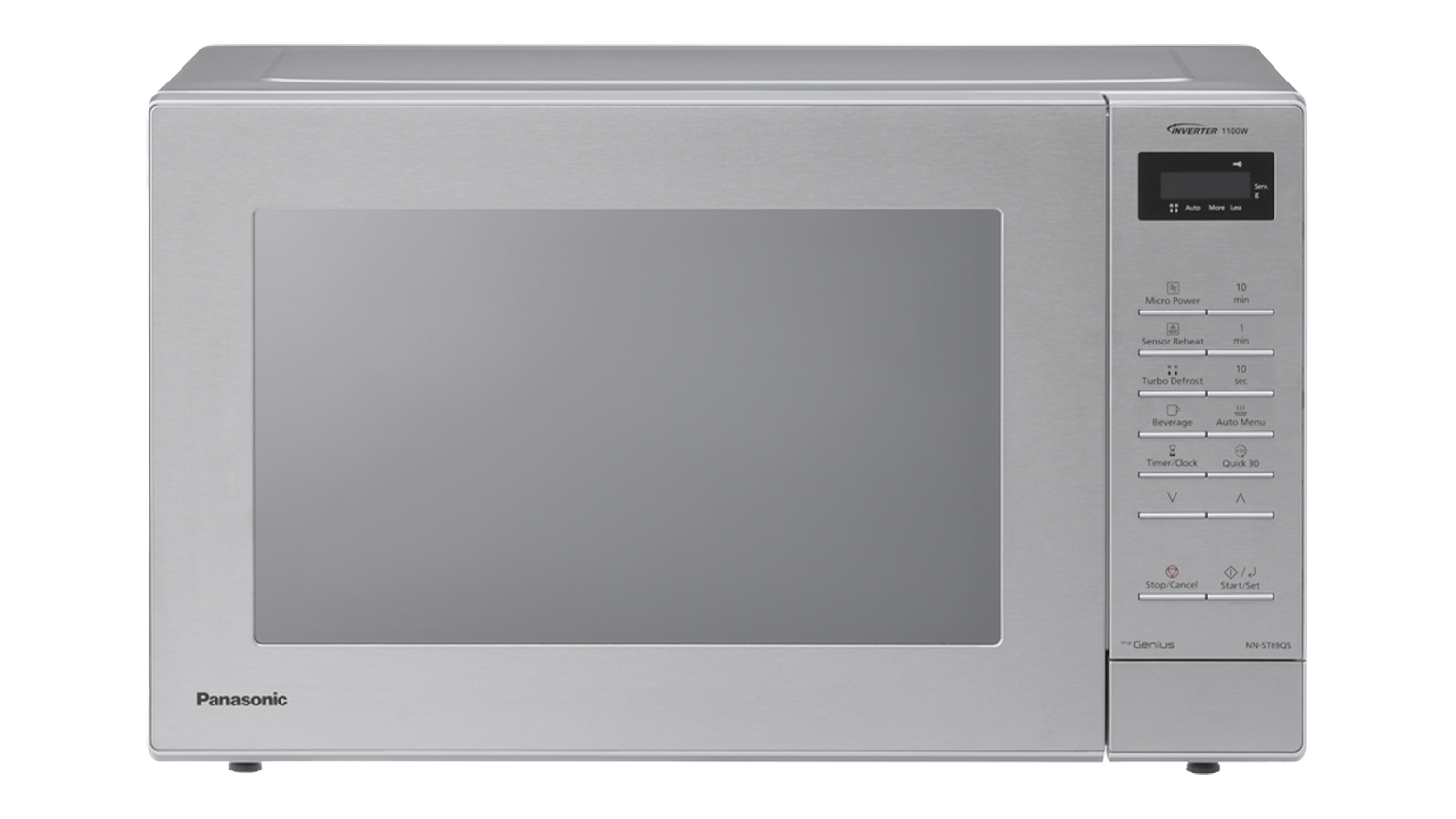 Front view of silver Panasonic 32L Solo Inverter microwave with digital display