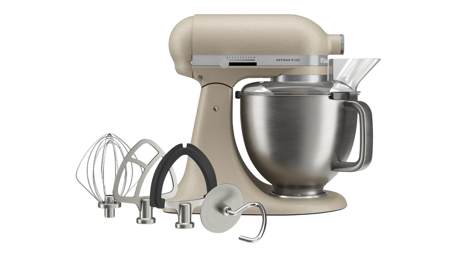 Front view of the Oat KitchenAid KSM50 Artisan Plus Tilt-Head 4.7L Stand Mixer with stainless steel bowl, pouring shield, and attachments